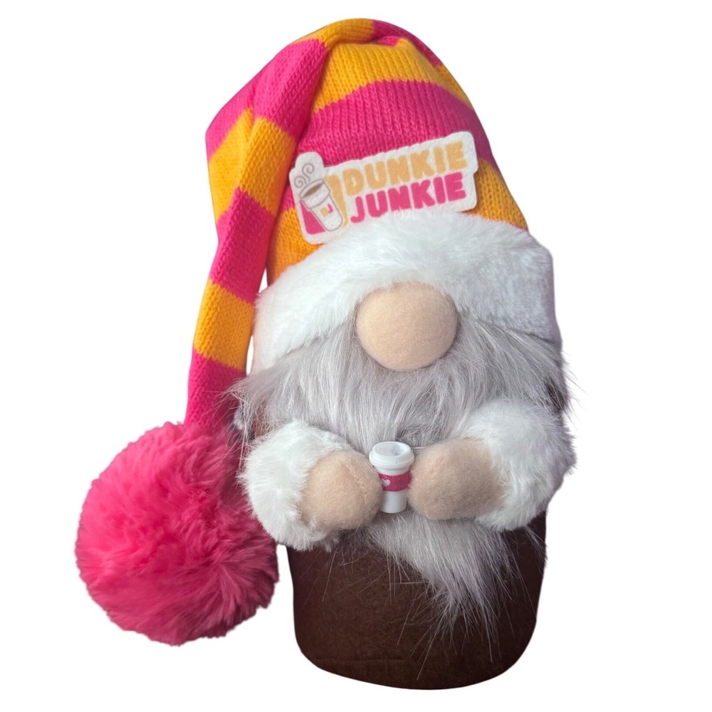 Dunkie Junkie Coffee Plush Gnome Pink Orange Striped Hat Faux Fur Beard 11" RARE